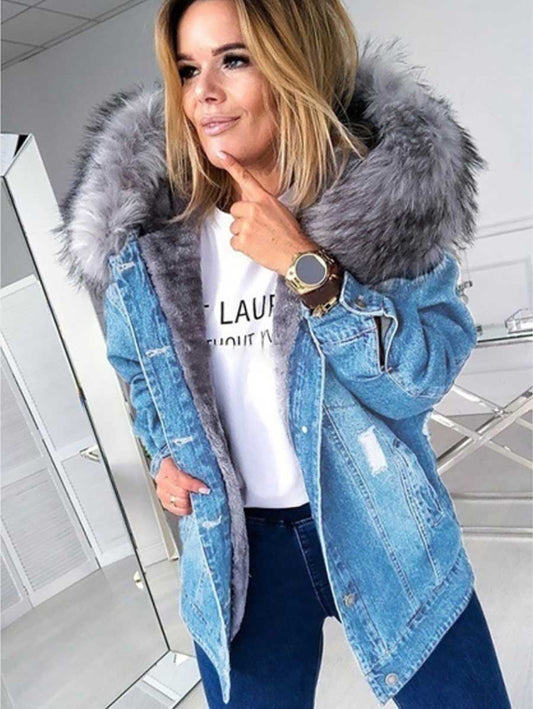 Stunncal Padded Warm Hole Large Fur Collar Denim Jacket(4 colors)