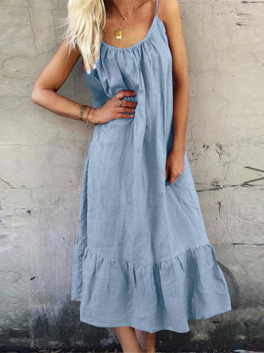 Stunncal Cotton Linen Halter Solid Color Ruffle Dress