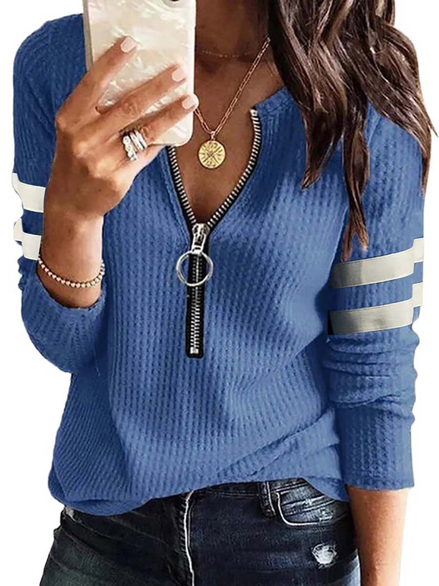 Stunncal V-Neck Zipper Splicing Long Sleeve T-shirt(6 colors)