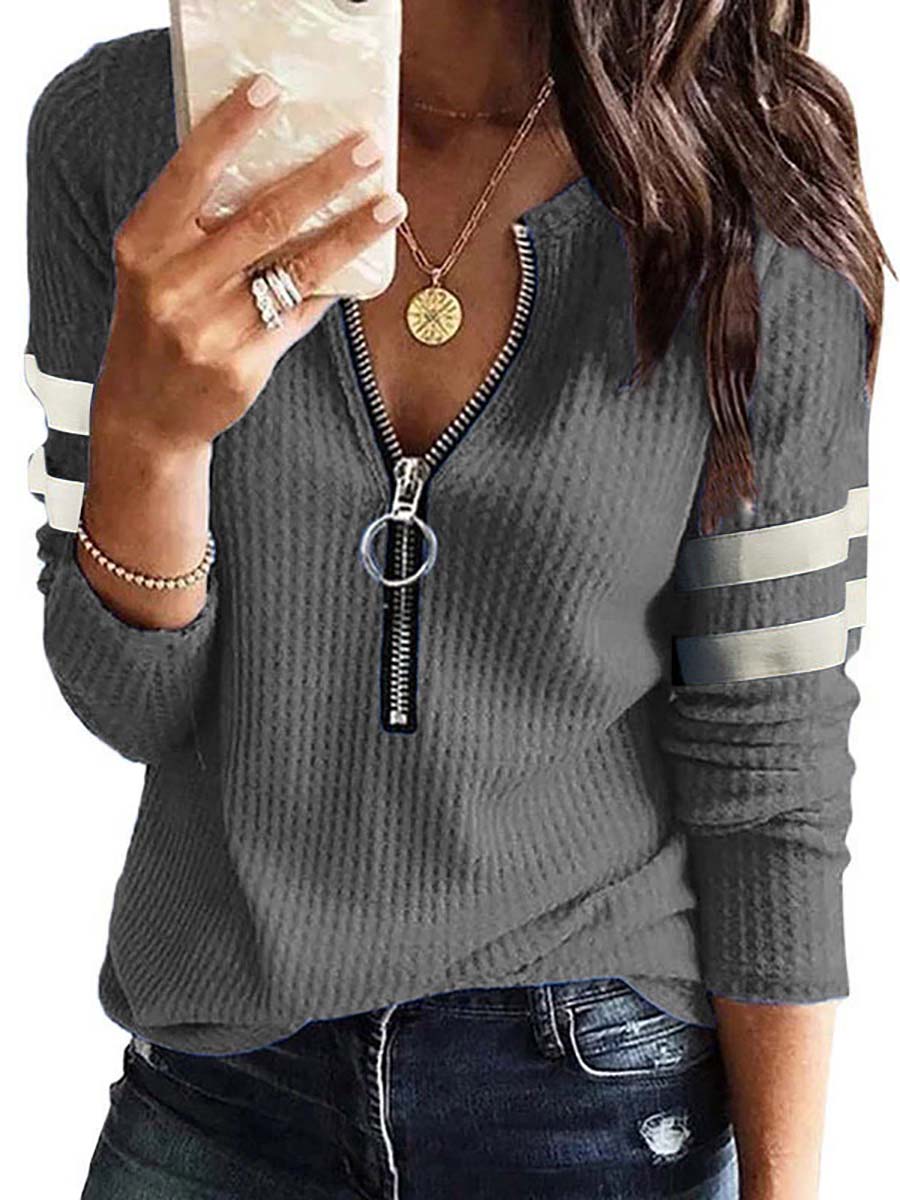 Stunncal V-Neck Zipper Splicing Long Sleeve T-shirt(6 colors)