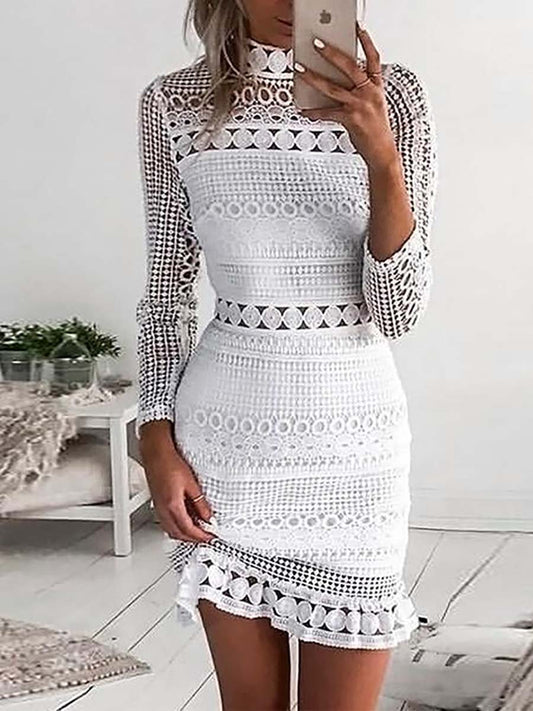 Stunncal Back Zipper Lace Splice Hollow Out Mini Dress