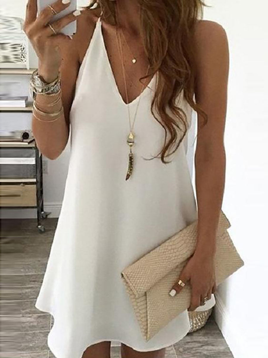 Stunncal Solid V Neck Sleeveless Mini Dress