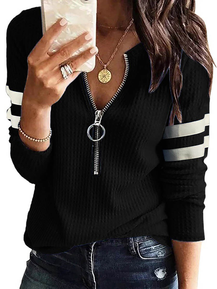 Stunncal V-Neck Zipper Splicing Long Sleeve T-shirt(6 colors)