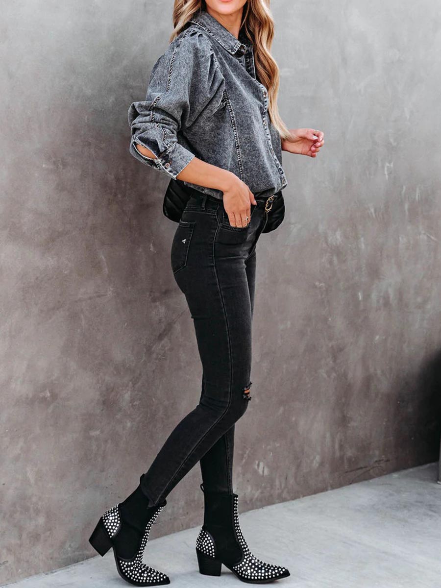 Stunncal Casual Fashion Loose Long Sleeve Denim Shirt