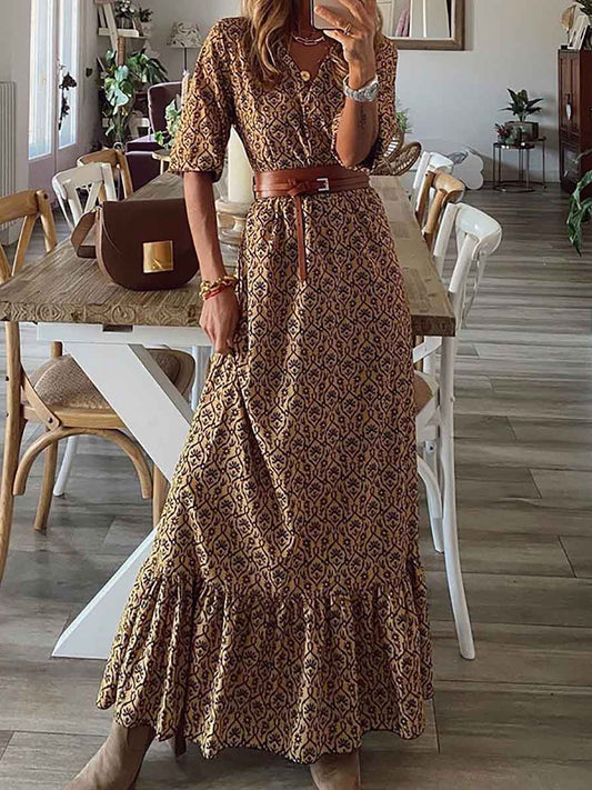 Stunncal Bohemian Print Short-Sleeved V-Neck Dress