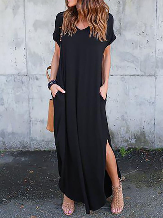 Stunncal V-Neck Pocket Split Dress(8 colors)