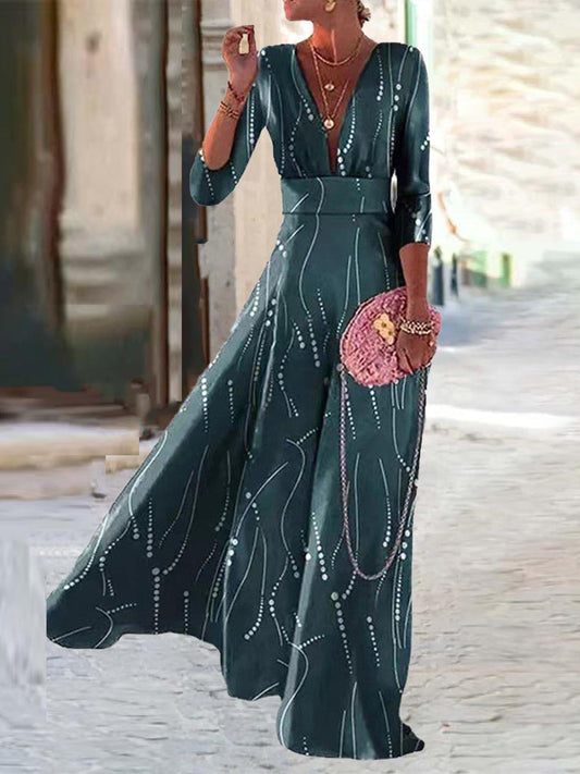 Stunncal Elegant Geometric Printing V Neck A Line Dresses