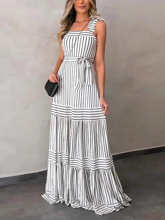 Stunncal Stripe Bow Tie Belted Maxi Dress