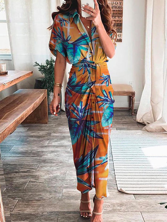 Stunncal Short Sleeve Tie Knot Waist Ruched Printed Dress