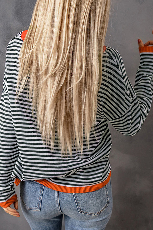 Stunncal Striped Color Contrast Dropped Shoulder Long Sleeve Top