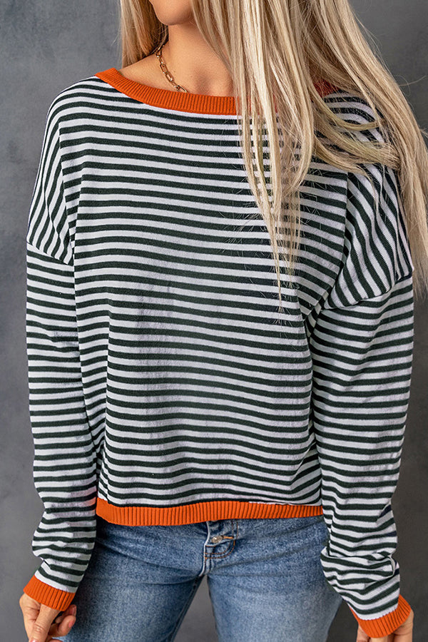 Stunncal Striped Color Contrast Dropped Shoulder Long Sleeve Top